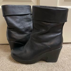 Dansko Nena Black Leather Boots, Mid Calf Wedge